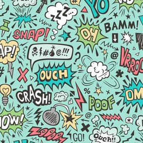 Comic Book Speech Text Bubbles Superhero Doodle on Mint Green