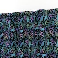  Small Scale / Cats In The Garden / Blue Purple Gradient on Black Background 