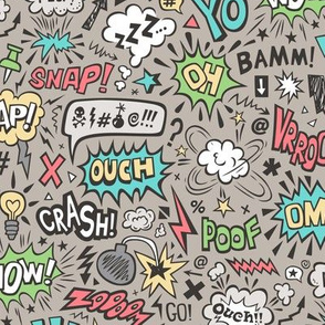 Comic Book Speech Text Bubbles Superhero Doodle on Warm Grey Almond