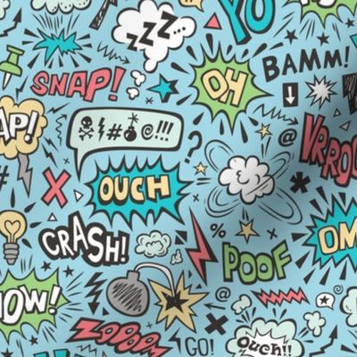Comic Book Speech Text Bubbles Superhero Doodle on Blue