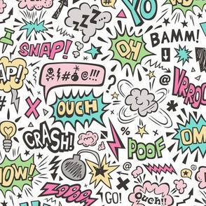 Comic Book Speech Text Bubbles Superhero Doodle Pink Mint Green Yellow on White