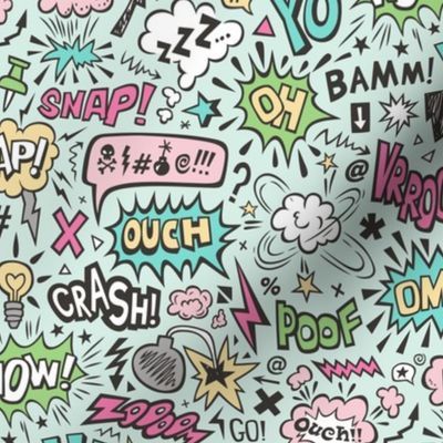 Comic Book Speech Text Bubbles Superhero Doodle Pink Mint Green Yellow on Mint