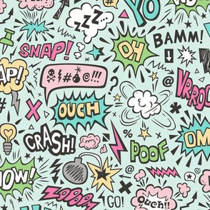 Comic Book Speech Text Bubbles Superhero Doodle Pink Mint Green Yellow on Mint