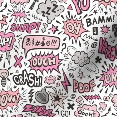 Comic Book Speech Text Bubbles Superhero Doodle Pink on White