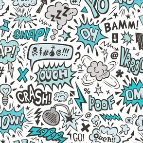 Comic Book Speech Text Bubbles Superhero Doodle Blue on Whit
