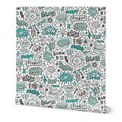 Comic Book Speech Text Bubbles Superhero Doodle Mint Green on White