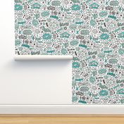 Comic Book Speech Text Bubbles Superhero Doodle Mint Green on White