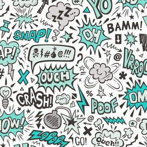 Comic Book Speech Text Bubbles Superhero Doodle Mint Green on White