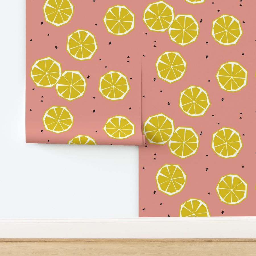 Geometric lemons on coral - summer fruit citrus 