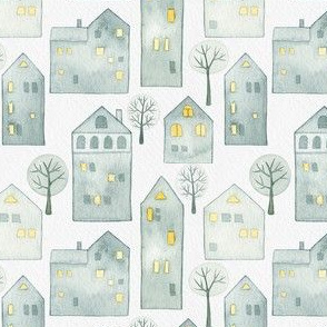 Snowy Winter Houses White