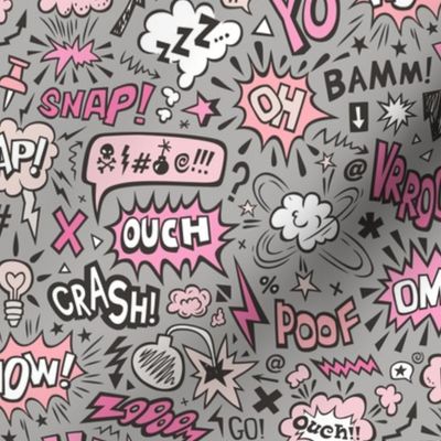 Comic Book Speech Text Bubbles Superhero Doodle Pink On Dark Grey