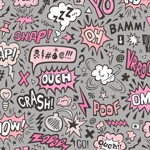 Comic Book Speech Text Bubbles Superhero Doodle Pink On Dark Grey