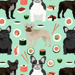 frenchie sushi fabric cute french bulldog design - mint