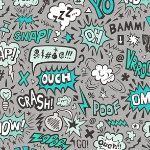 Comic Book Speech Text Bubbles Superhero Doodle Green Mint On Dark Grey