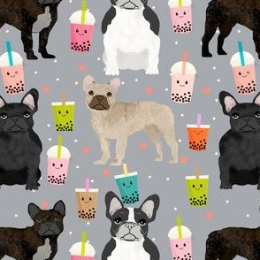 frenchie bubble tea fabric kawaii boba design cute dogs -grey