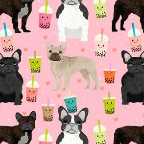 frenchie bubble tea fabric kawaii boba design cute dogs -pink