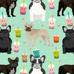 frenchie bubble tea fabric kawaii boba design cute dogs -mint