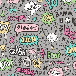 Comic Book Speech Text Bubbles Superhero Doodle Pink Mint Yellow Green on Dark Grey