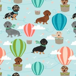 dachshund hot air balloon fabric cute dogs aviator cute fabric - light blue