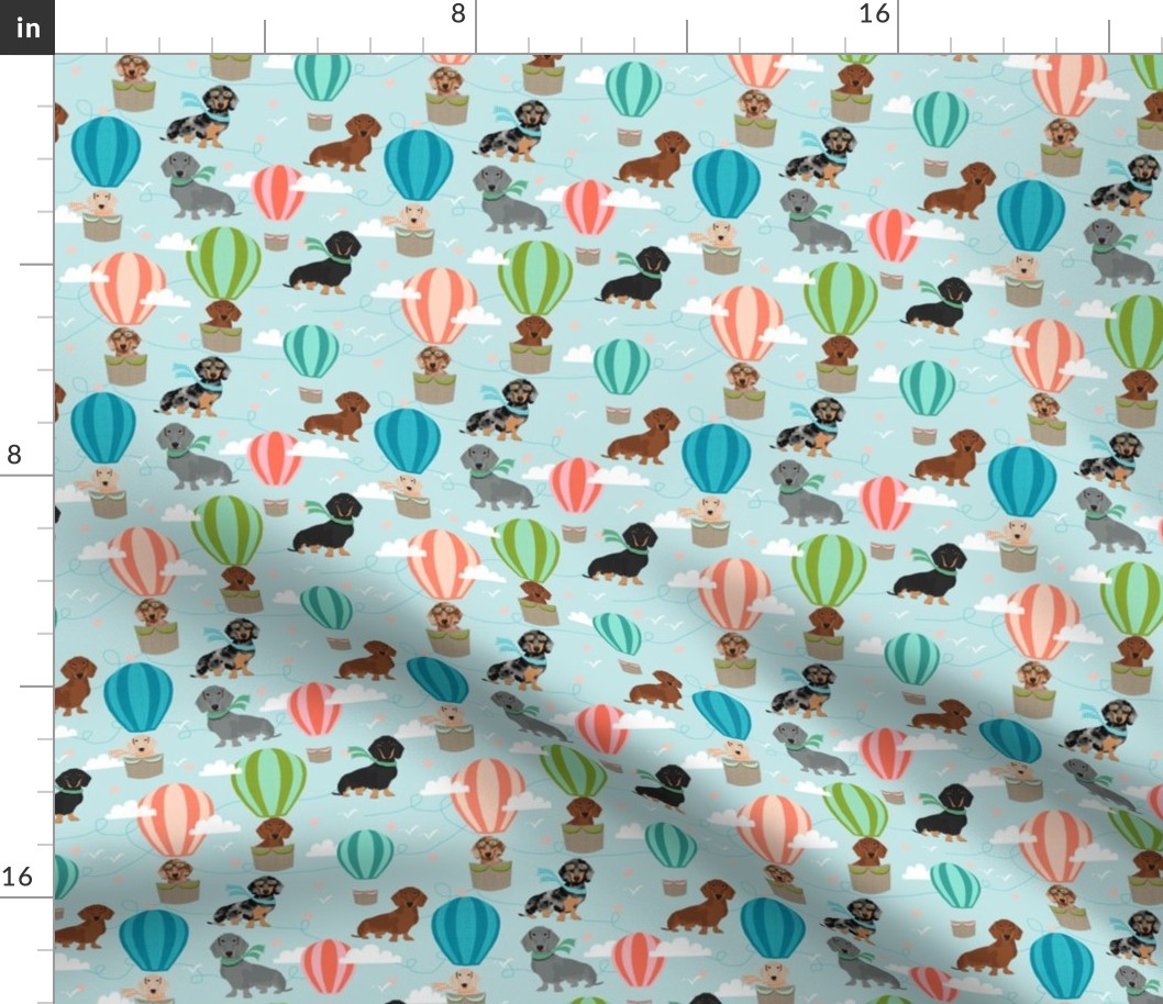 dachshund hot air balloon fabric cute dogs aviator cute fabric - light blue