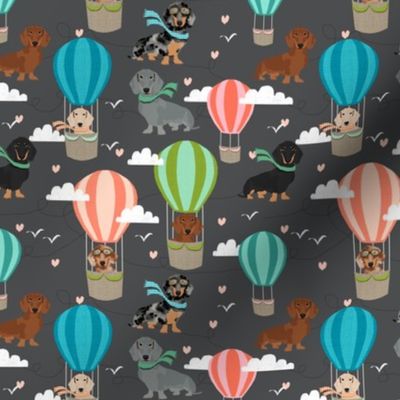 dachshund hot air balloon fabric cute dogs aviator cute fabric - charcoal