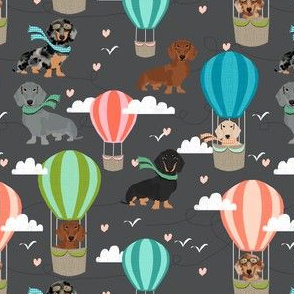 dachshund hot air balloon fabric cute dogs aviator cute fabric - charcoal