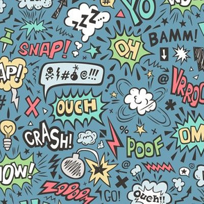 Comic Book Speech Text Bubbles Superhero Doodle On Dark Blue