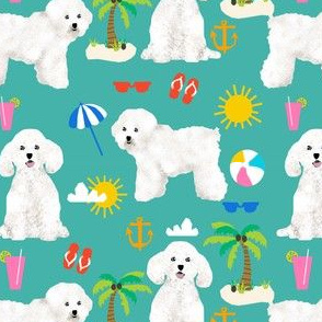 bichon frise fabric cute dogs and beach summer design - turquoise