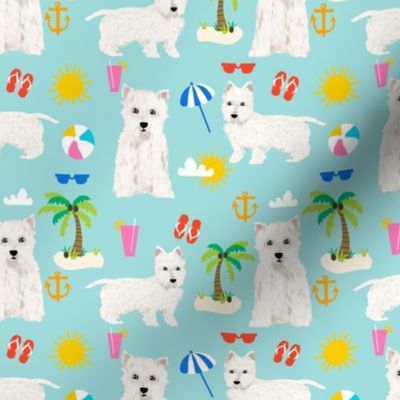 westie fabric dogs beach summer tropical design - light blue