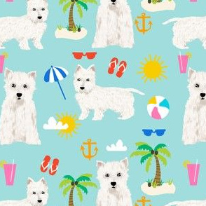 westie fabric dogs beach summer tropical design - light blue