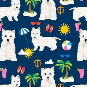 westie fabric dogs beach summer tropical design - navy