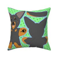 Kawaii Beauceron plushie on green - black and rust