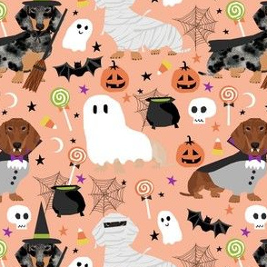 dachshund halloween fabric dog dogs fabric doxie halloween spooky ghost fabric - light orange