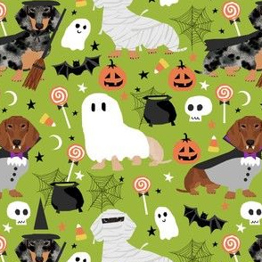dachshund halloween fabric dog dogs fabric doxie halloween spooky ghost fabric - lime green