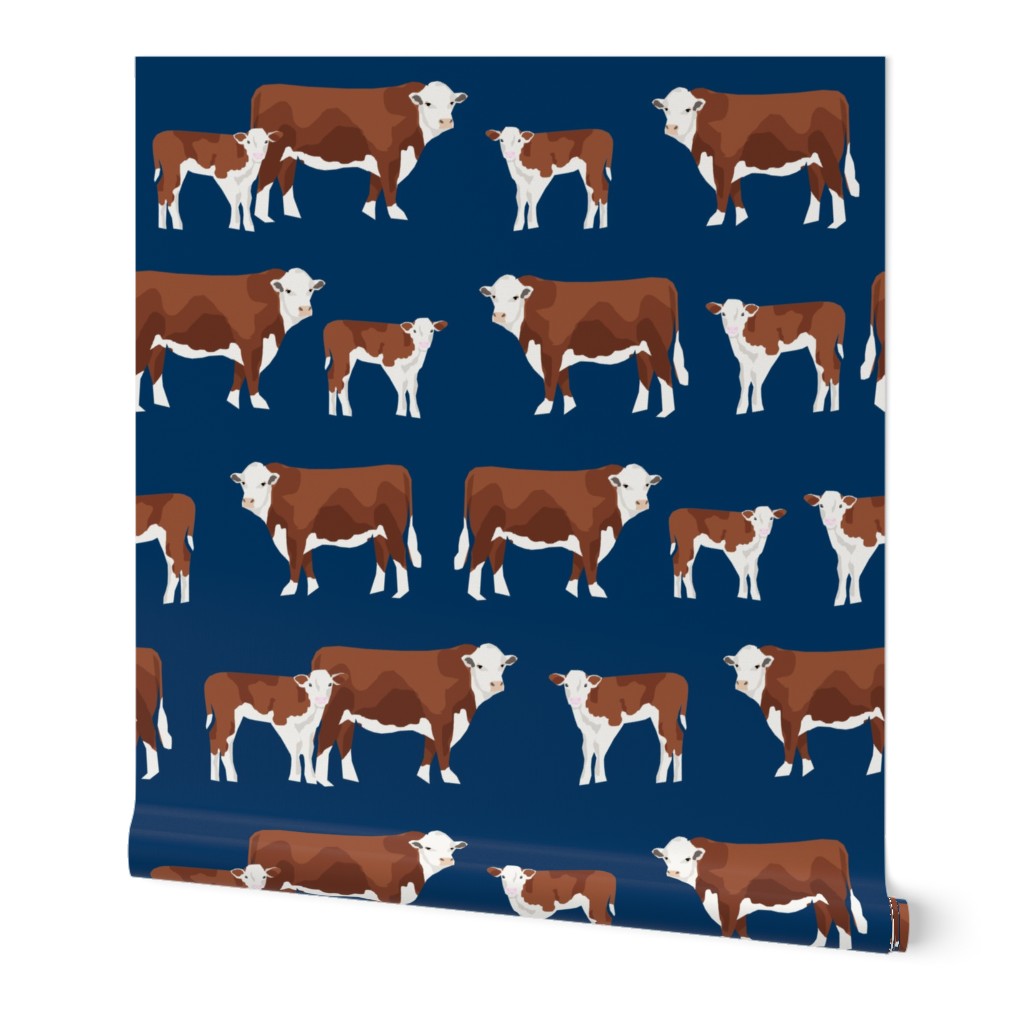 hereford cattle and calf fabric farm fabrics - navy