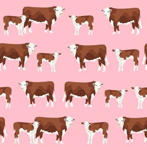 hereford cattle and calf fabric farm fabrics - pink