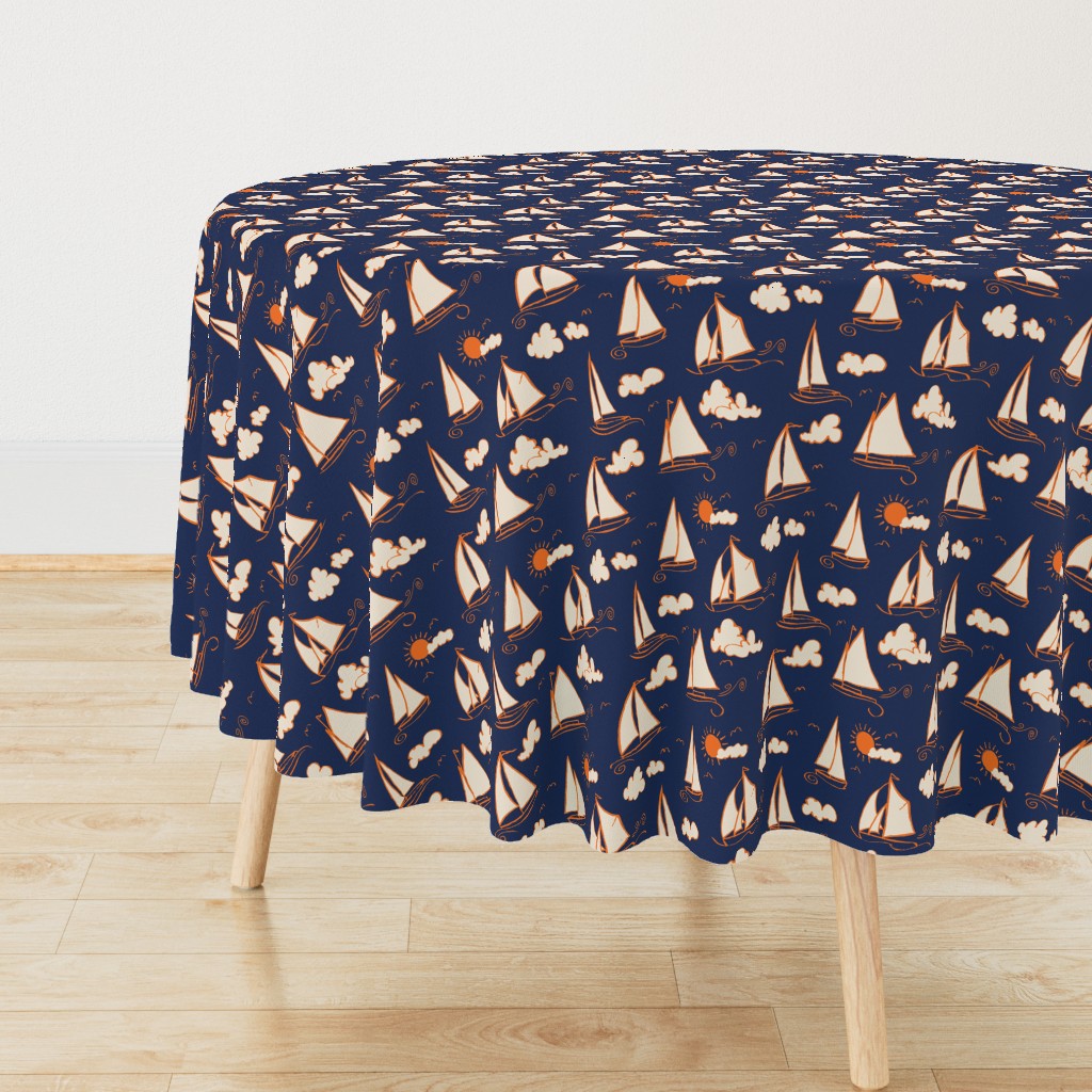 Sunny Sailboats on Navy// nautical sailing boat ships sunny sunshine clouds orange cream navy fabric