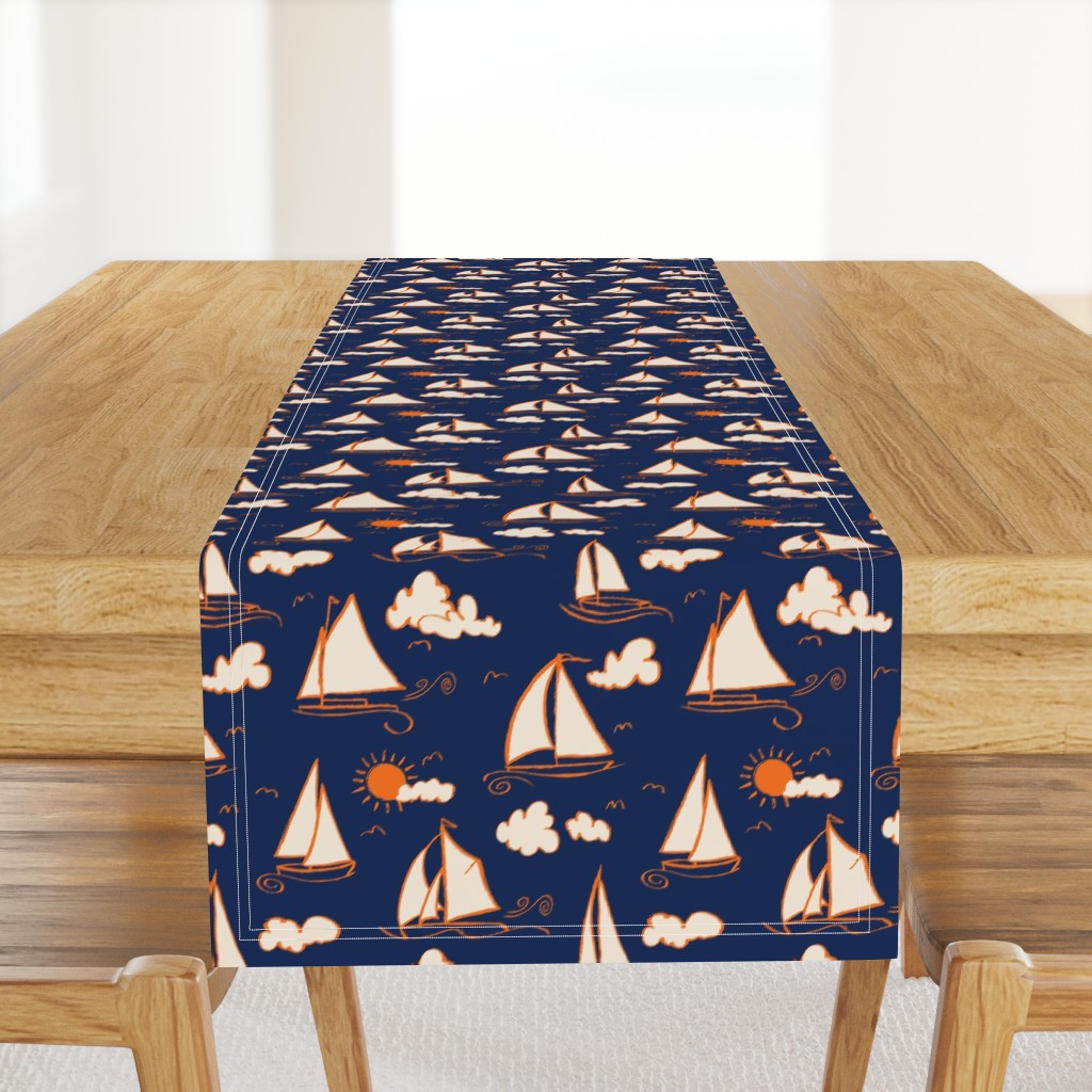 Sunny Sailboats on Navy// nautical sailing boat ships sunny sunshine clouds orange cream navy fabric