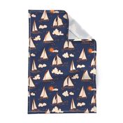 Sunny Sailboats on Navy// nautical sailing boat ships sunny sunshine clouds orange cream navy fabric