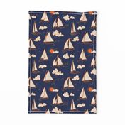 Sunny Sailboats on Navy// nautical sailing boat ships sunny sunshine clouds orange cream navy fabric