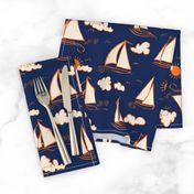 Sunny Sailboats on Navy// nautical sailing boat ships sunny sunshine clouds orange cream navy fabric