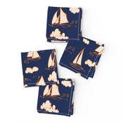 Sunny Sailboats on Navy// nautical sailing boat ships sunny sunshine clouds orange cream navy fabric