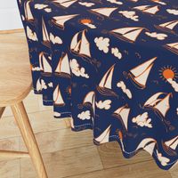 Sunny Sailboats on Navy// nautical sailing boat ships sunny sunshine clouds orange cream navy fabric