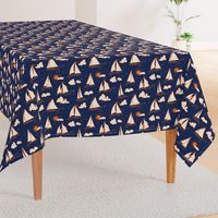 Sunny Sailboats on Navy// nautical sailing boat ships sunny sunshine clouds orange cream navy fabric