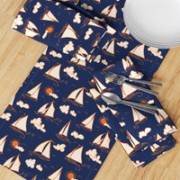 Sunny Sailboats on Navy// nautical sailing boat ships sunny sunshine clouds orange cream navy fabric