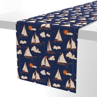 Sunny Sailboats on Navy// nautical sailing boat ships sunny sunshine clouds orange cream navy fabric