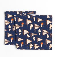 Sunny Sailboats on Navy// nautical sailing boat ships sunny sunshine clouds orange cream navy fabric