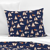 Sunny Sailboats on Navy// nautical sailing boat ships sunny sunshine clouds orange cream navy fabric