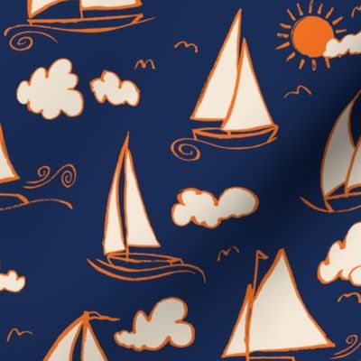 Sunny Sailboats on Navy// nautical sailing boat ships sunny sunshine clouds orange cream navy fabric