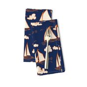 Sunny Sailboats on Navy// nautical sailing boat ships sunny sunshine clouds orange cream navy fabric